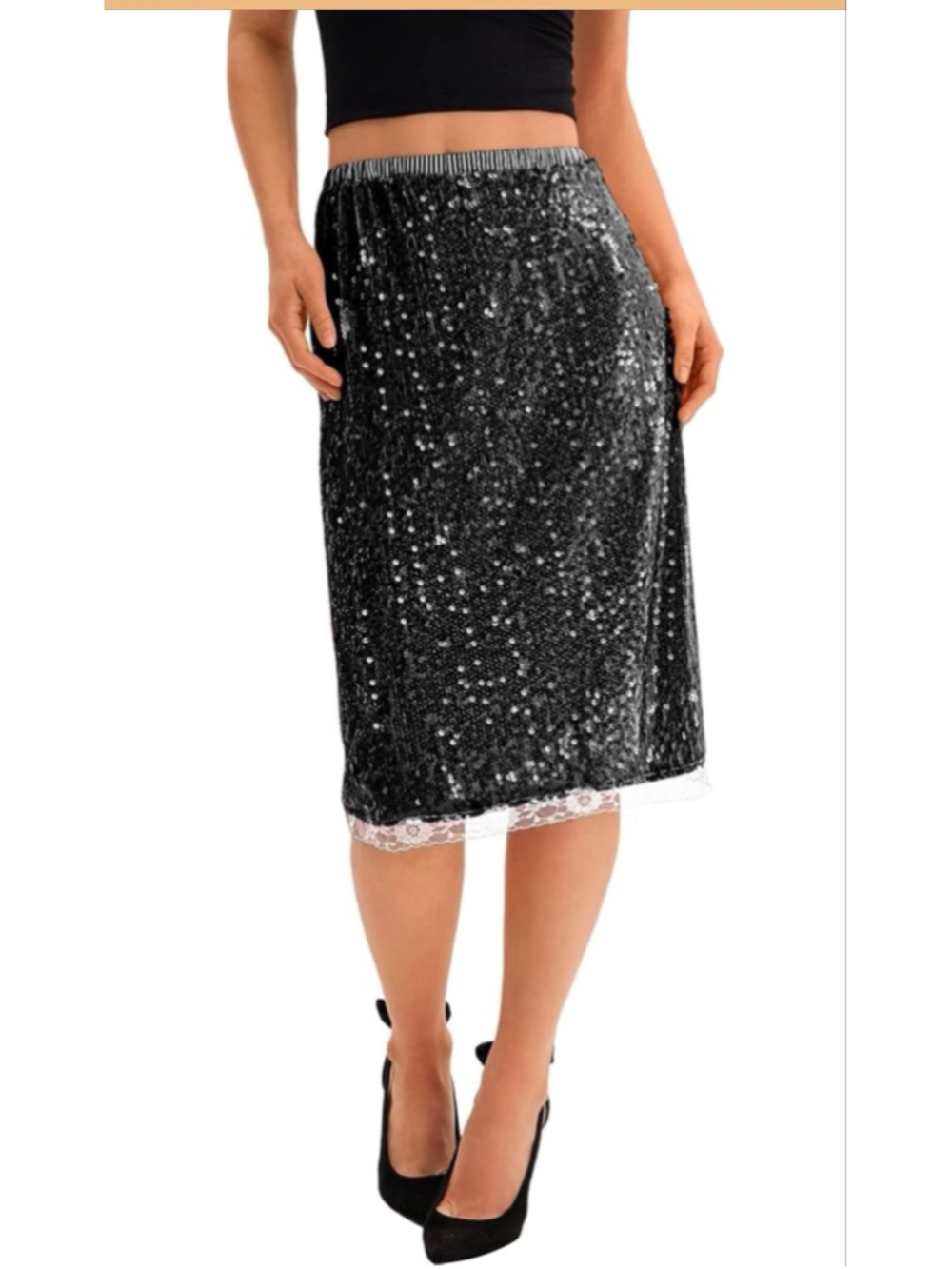 NEW Sequin Midi Skirts Y2K Elastic High Waisted Lace Trim Sparkly S